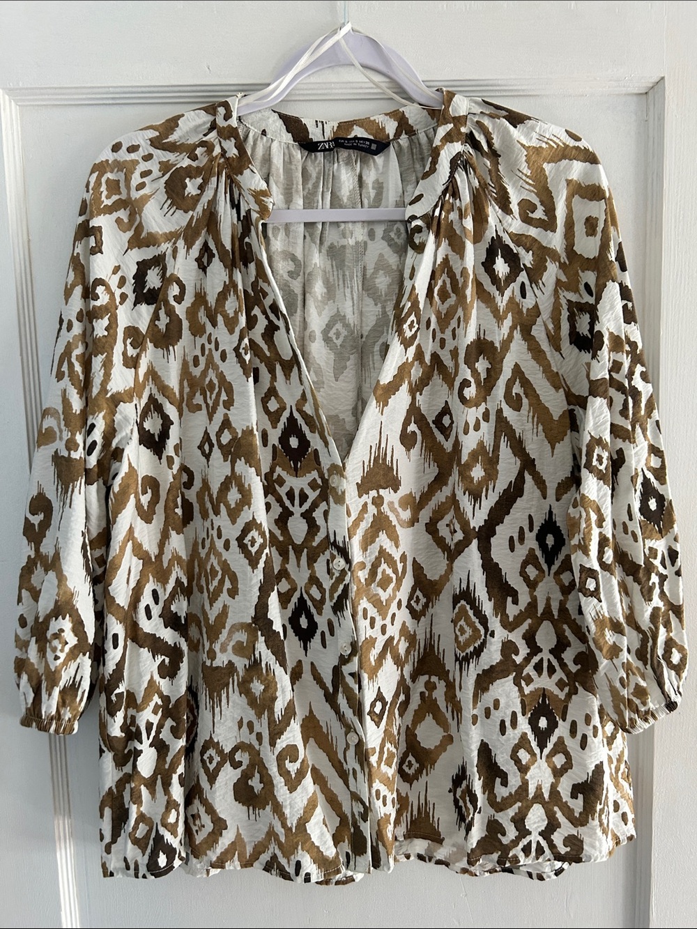 Zara White and Brown Ikat-Print Peasant Blouse